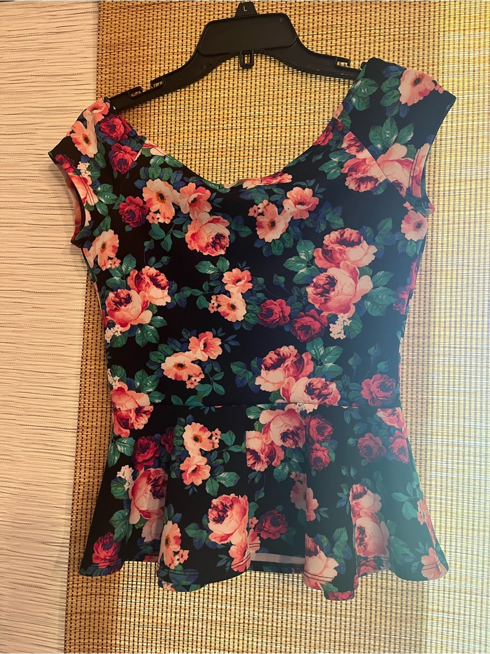 Deb Black Floral Peplum Top with Pink Roses and Green Leaves